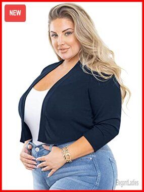 Plus Size Open Front Knit Cropped Bolero Cardigan Sweater 3/4 Sleeve